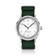 1968 Sixtyeight by AV86 vintage-inspired dress watch with sapphire crystal, white dial, and textured green fabric strap