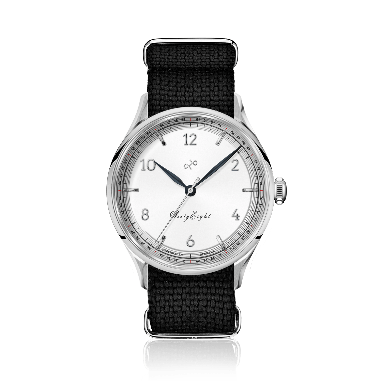 1968 Sixtyeight by AV86 vintage-inspired dress watch with sapphire crystal, minimalist dial, and black fabric strap