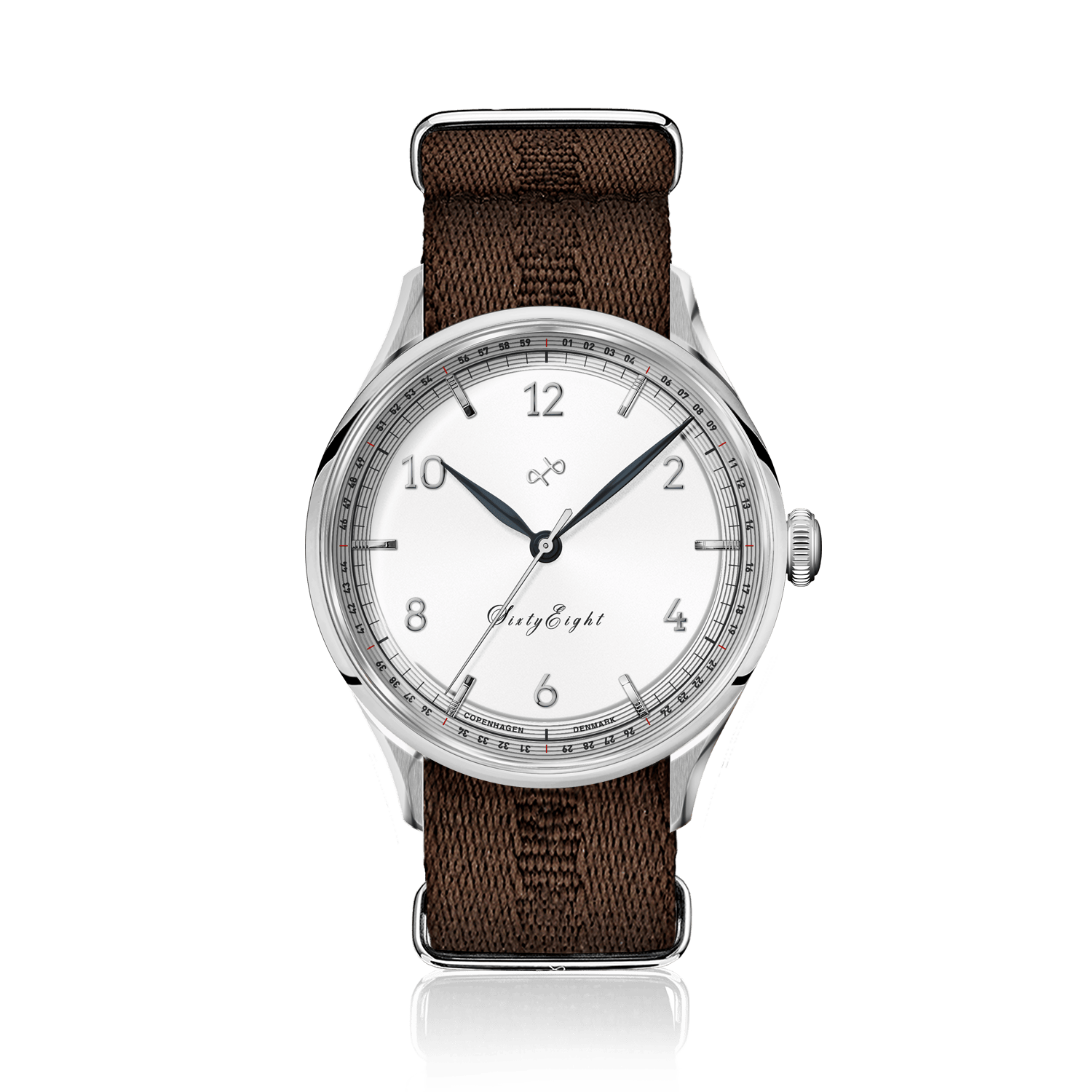 1968 Sixtyeight by AV86 vintage-inspired dress watch with sapphire crystal, fine dial detailing, and textured fabric strap