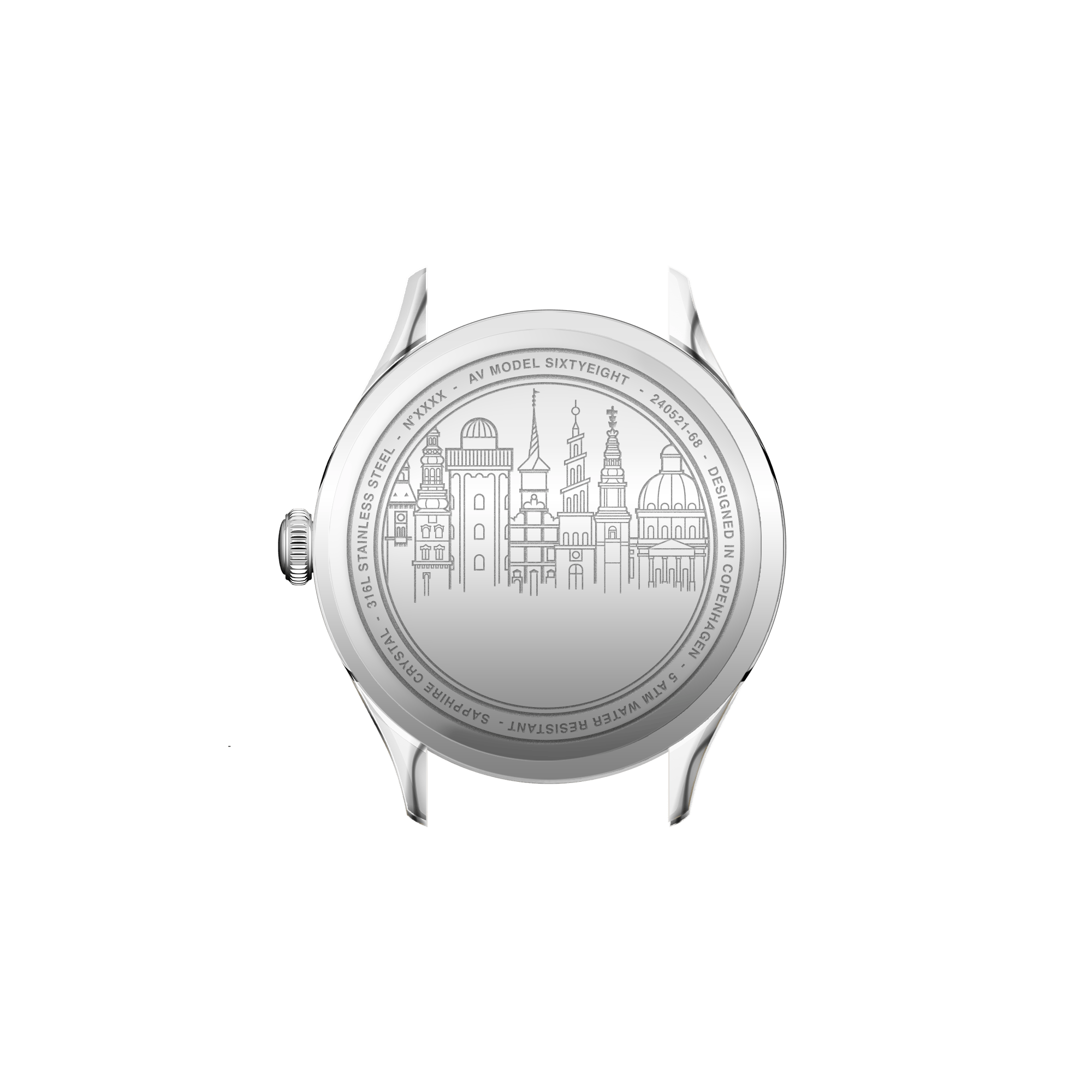 VB Kong Hans Eg Limited Edition by AV86 showcasing engraved case back with Copenhagen skyline and stainless steel casing