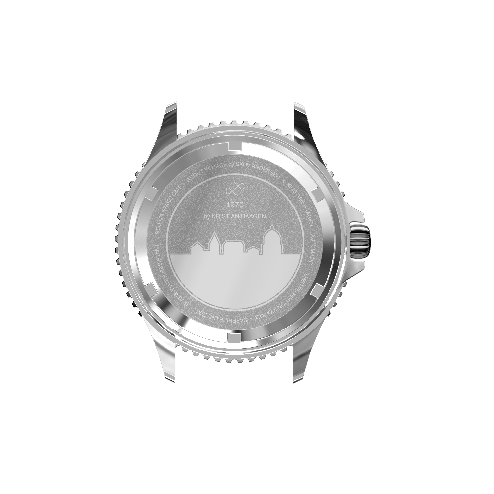 1970 Haagen GMT Automatic by AV86 showcasing engraved case back with Copenhagen skyline and sapphire crystal detailing
