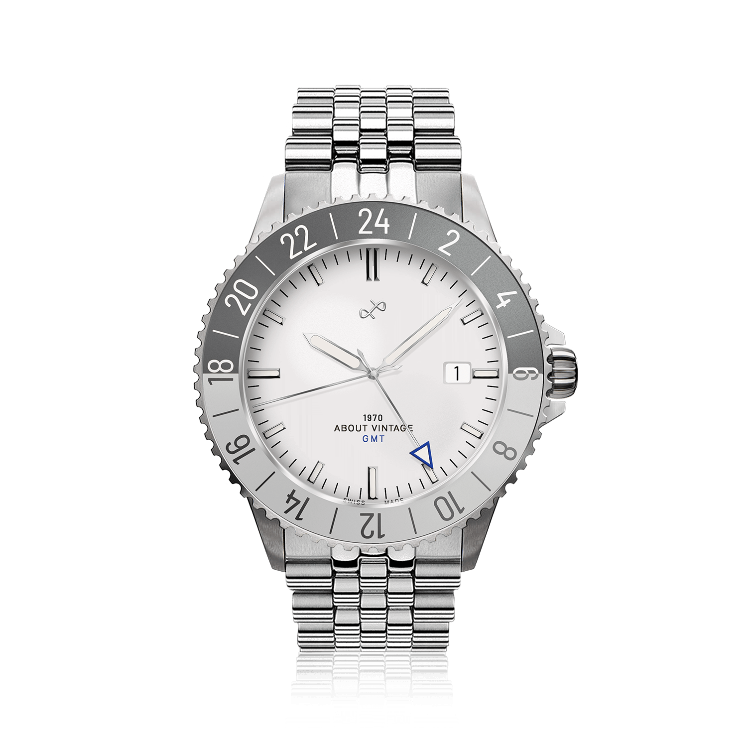1970 Glacier GMT Automatic by AV86 luxury Swiss-made GMT watch with sapphire crystal, steel bezel, and metal bracelet strap