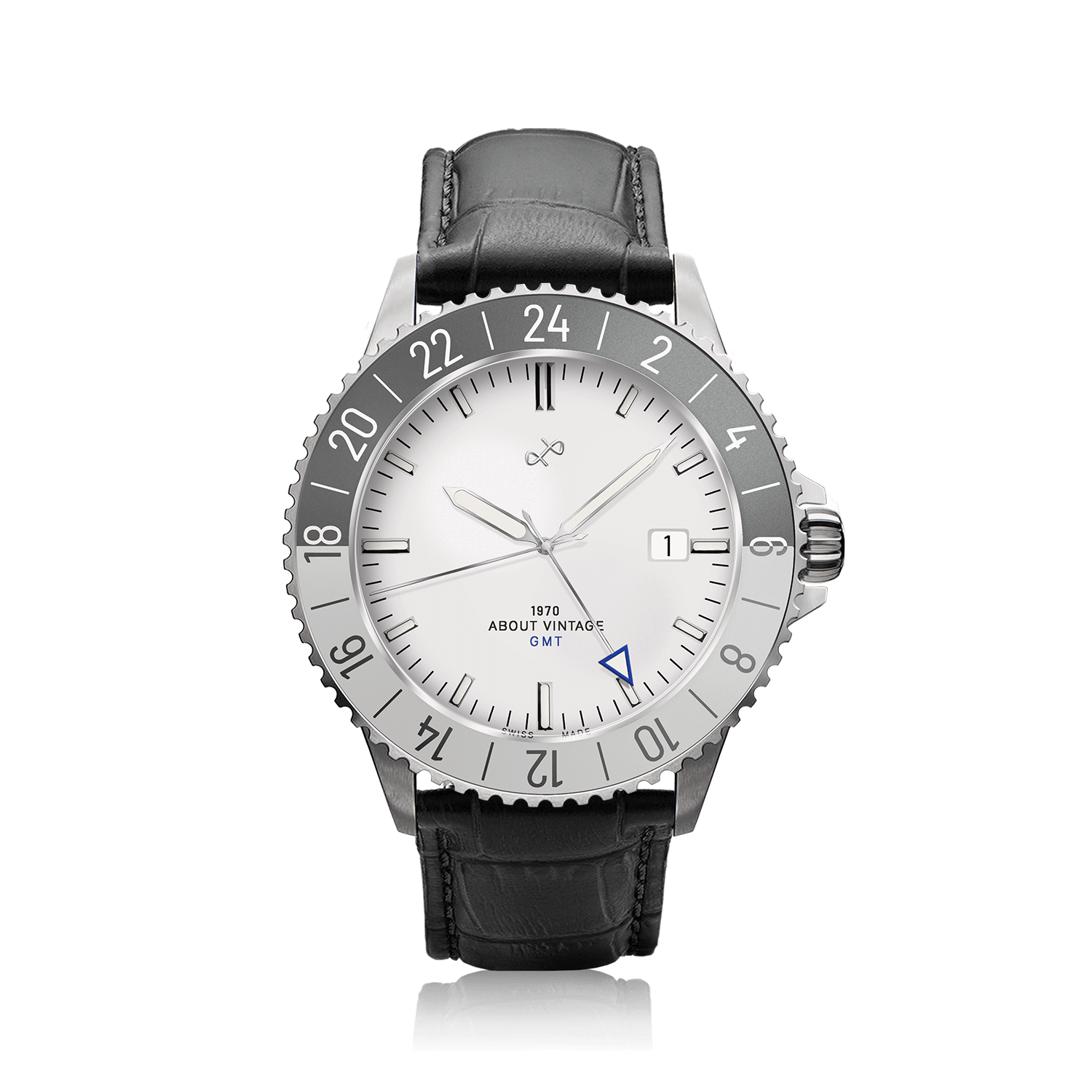 1970 Glacier GMT Automatic by AV86 luxury vintage-inspired GMT with sapphire crystal, bezel, and black leather strap
