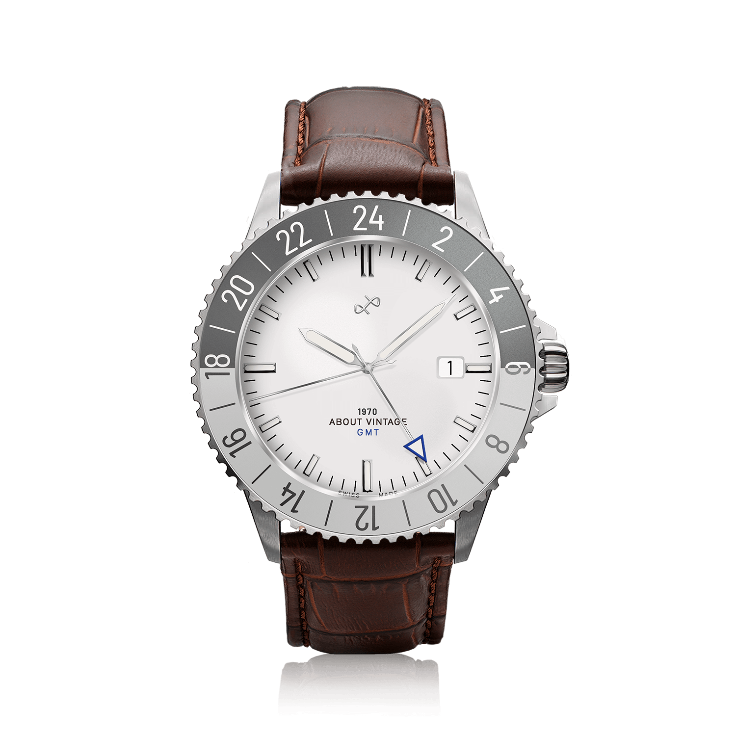 1970 Glacier GMT Automatic by AV86 luxury GMT watch with vintage-inspired dial, sapphire crystal, and brown leather strap