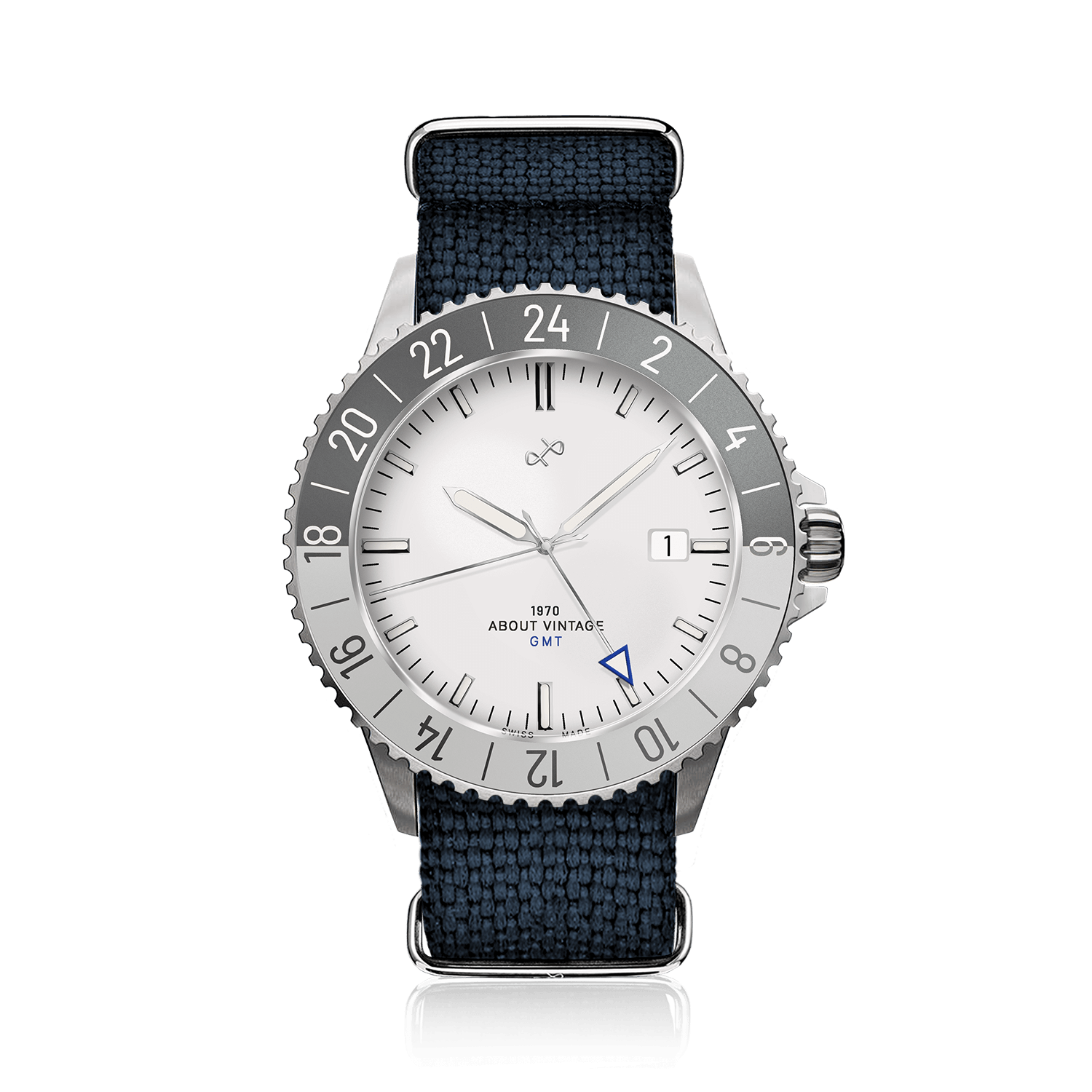 1970 Glacier GMT Automatic by AV86 luxury GMT watch with sapphire crystal, vintage-inspired dial, gray bezel, and textile strap
