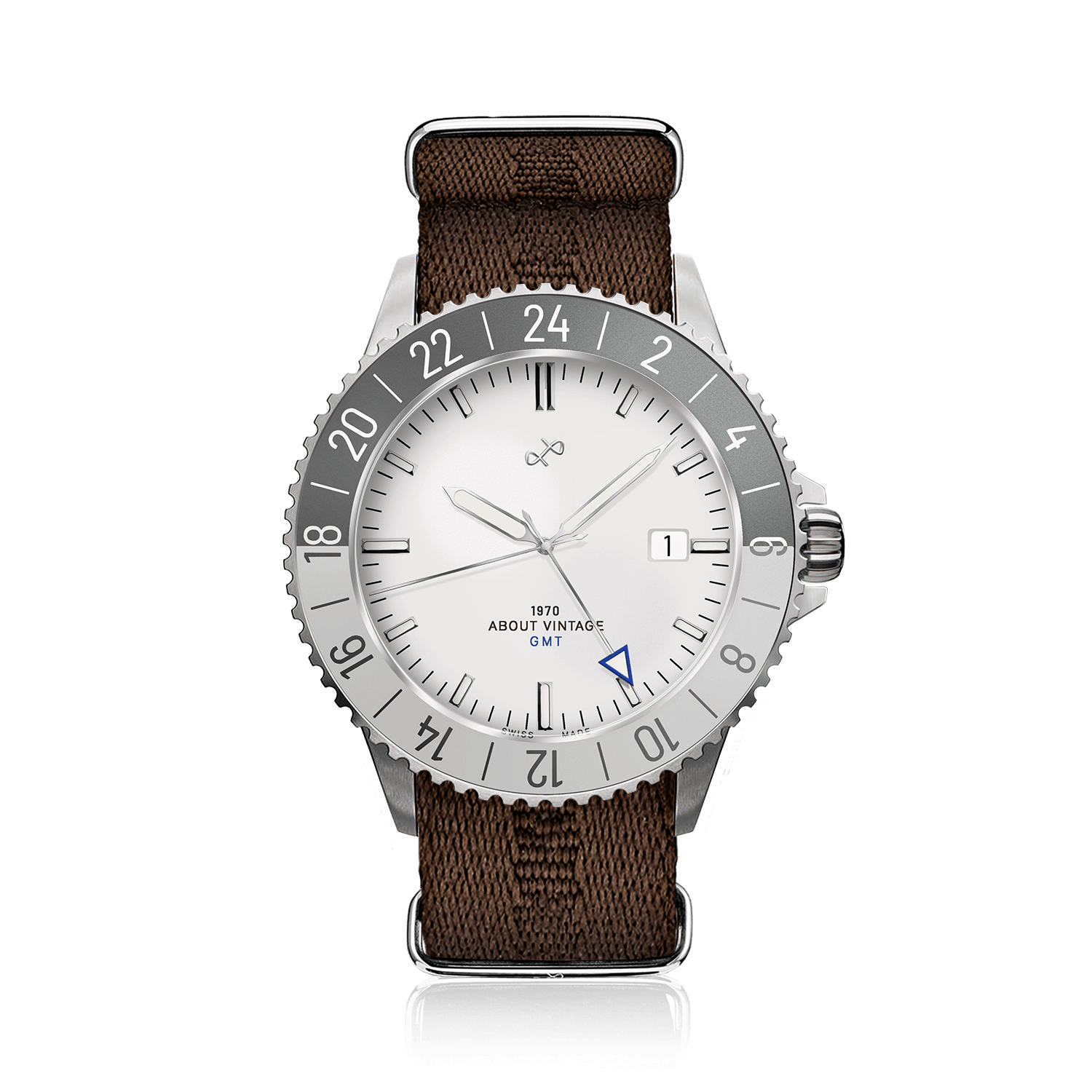 1970 Glacier GMT Automatic by AV86 vintage-inspired GMT watch with sapphire crystal, compass bezel, and brown fabric strap