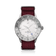 1970 Glacier GMT Automatic by AV86 with matte silver and gray bezel, off-white dial, sapphire crystal, and burgundy fabric strap
