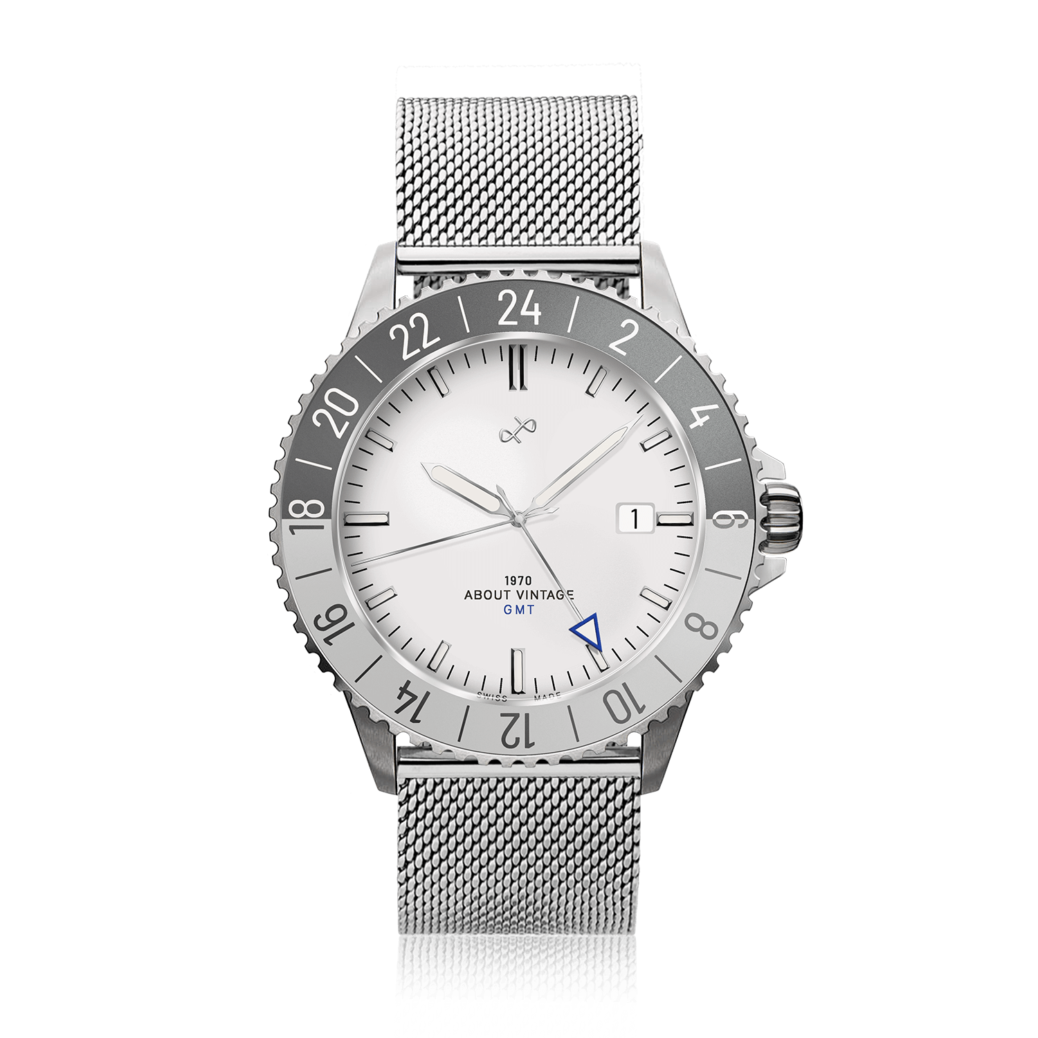 1970 Glacier GMT Automatic by AV86 with vintage-inspired dial, GMT bezel, sapphire crystal, and stainless steel mesh bracelet strap