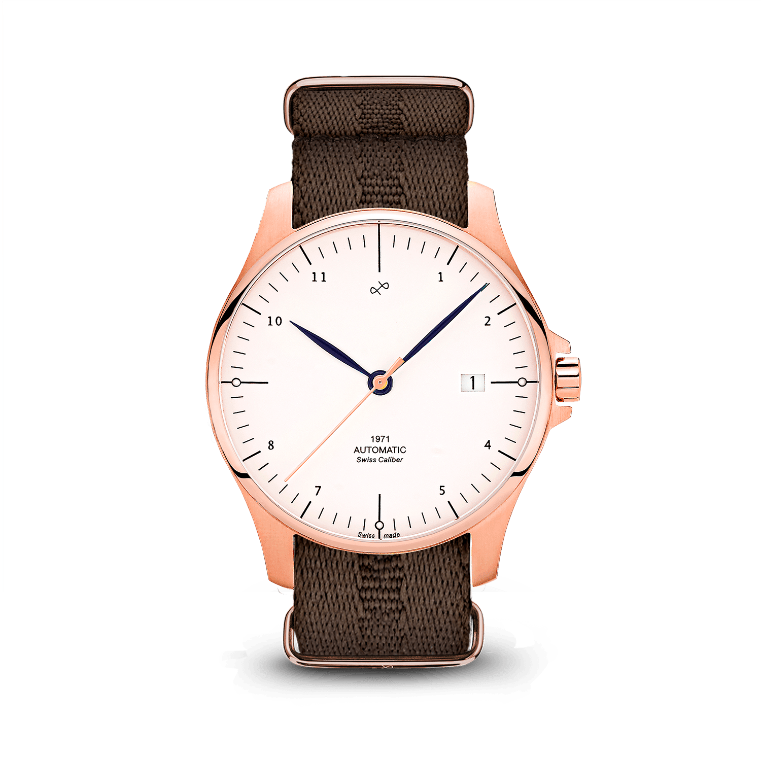 1971 Automatic, Rose Gold / White - Swiss Made by AV86 luxury vintage-inspired automatic watch with sapphire crystal and fabric strap