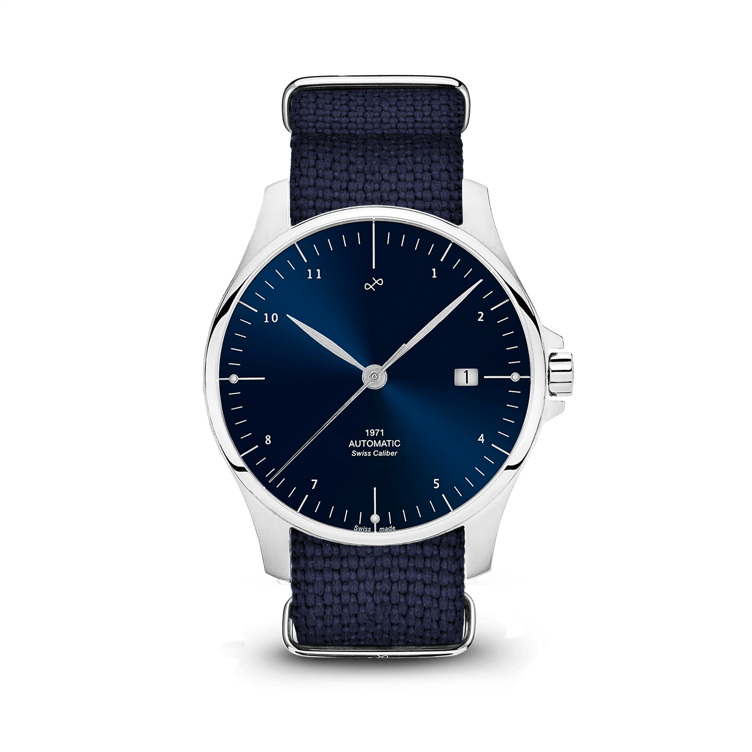 1971 Automatic, Night Blue - Swiss Made by AV86 luxury automatic watch with sapphire crystal, blue textured fabric strap, and date window