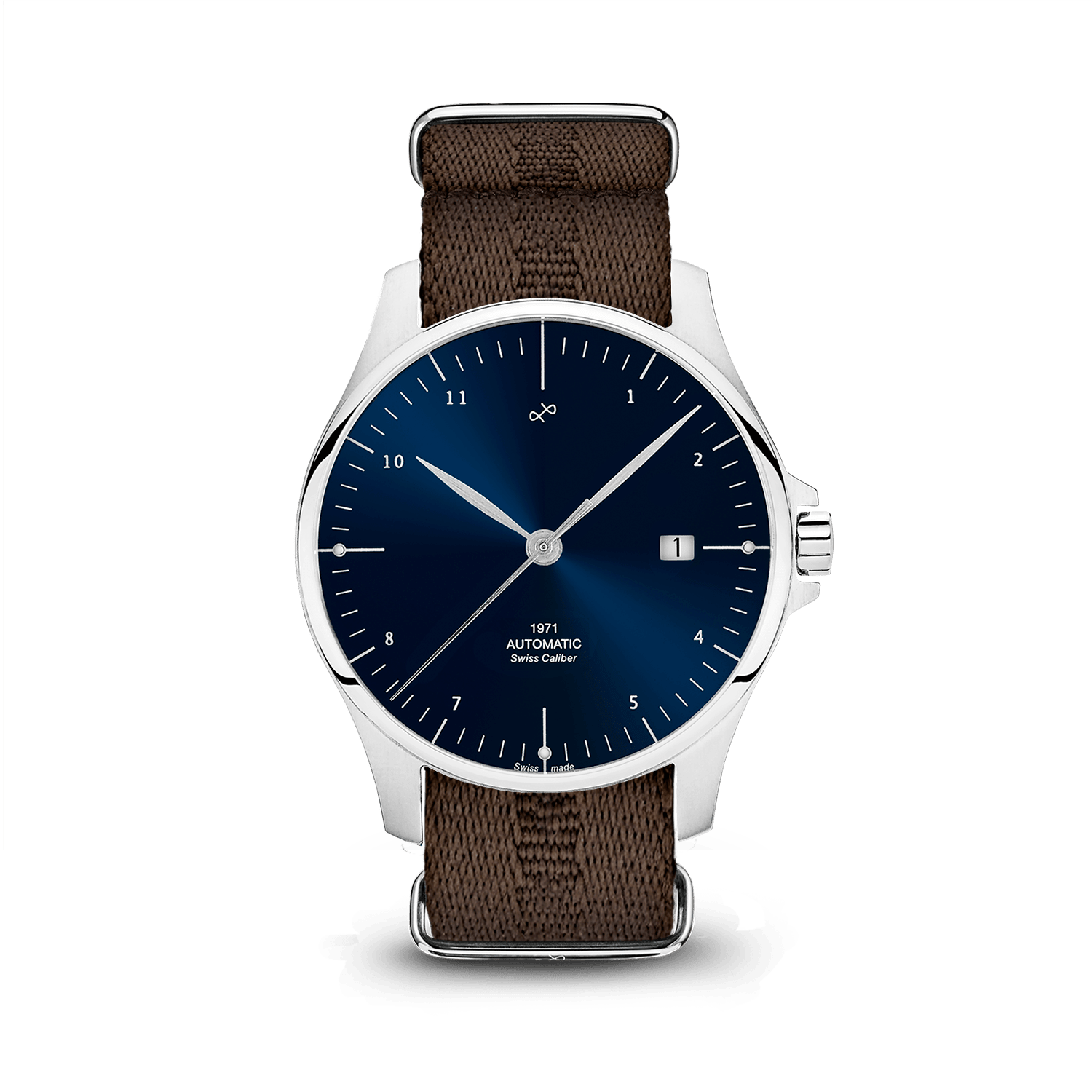 1971 Automatic, Night Blue - Swiss Made by AV86 vintage-inspired automatic with sapphire crystal, minimal dial, date window, and brown fabric strap