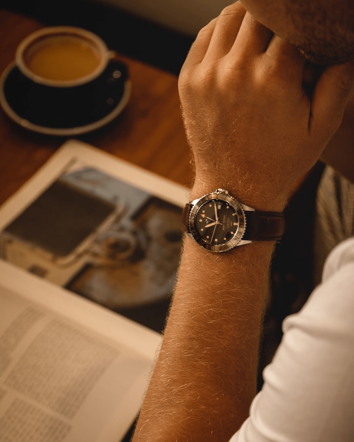 1982 GMT World Traveler by AV86 vintage-inspired GMT watch with sapphire crystal, compass bezel, and brown leather strap