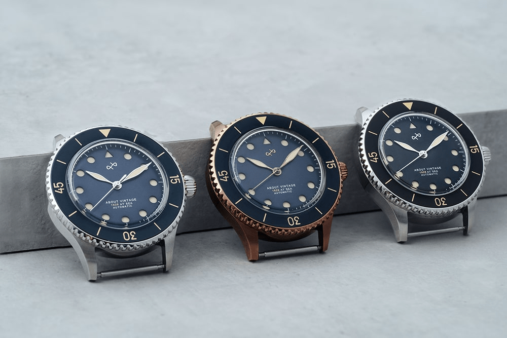 1926 Automatic, Blue Vintage by AV86 vintage-inspired diver with sapphire crystal, compass bezel, and mixed metal cases