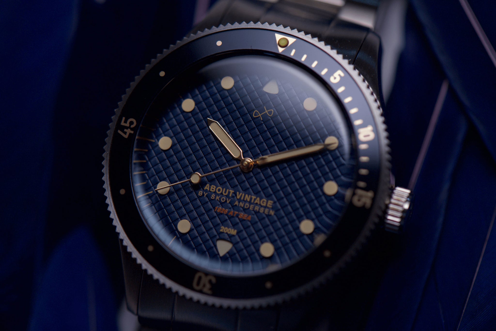 1926 At'sea, Blue Turtle Vintage by AV86 vintage-inspired diver with sapphire crystal, compass bezel, and metal bracelet strap