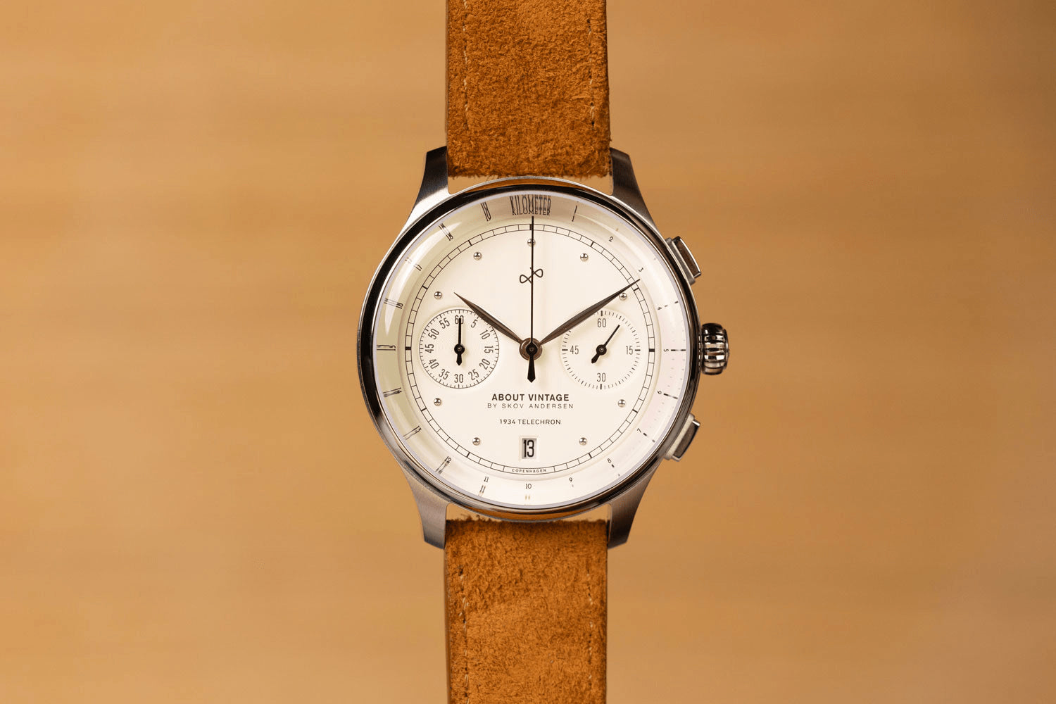 1934 Telechron by AV86 vintage-inspired chronograph with telemeter, sapphire crystal, and suede leather strap