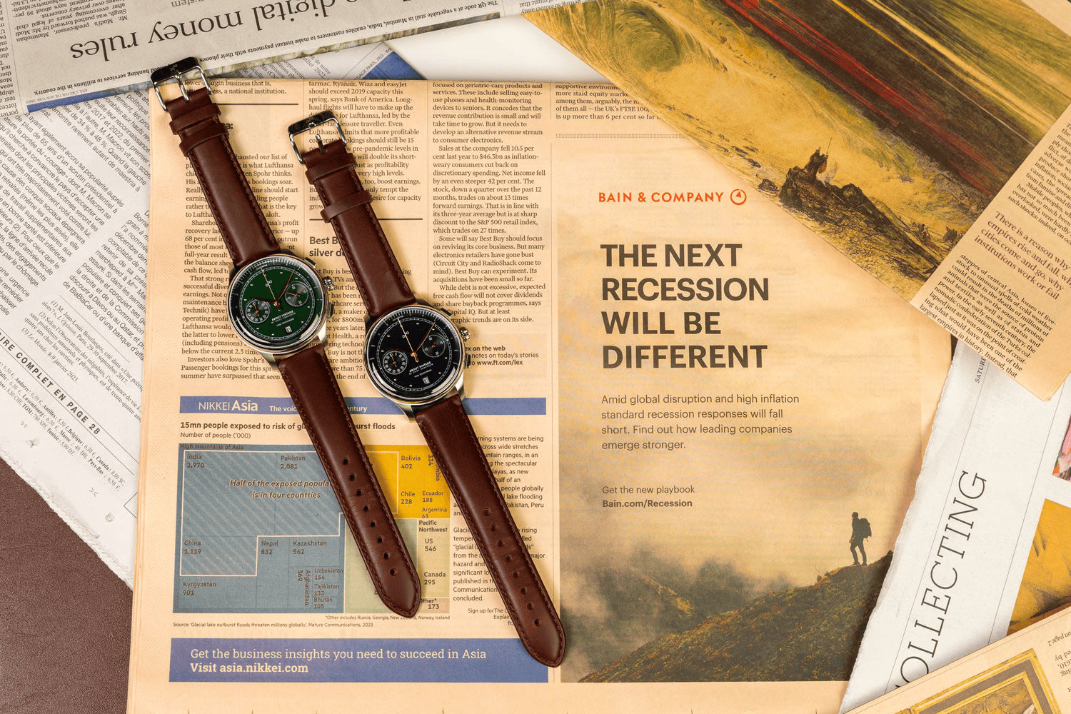 1934 Telechron by AV86 vintage-inspired chronograph with telemeter, sapphire crystal, and brown leather strap on newspaper background