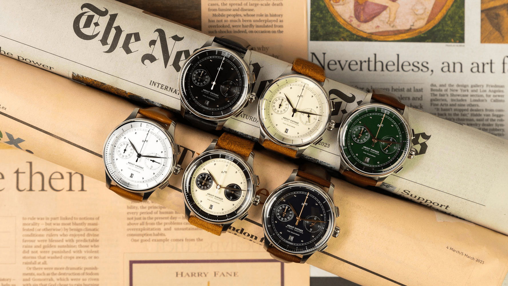1934 Telechron by AV86 showcases a collection of vintage-inspired chronographs with sapphire crystals, polished steel cases, and leather straps, reflecting refined Danish design and Nordic minimalism in a sophisticated lifestyle setting with newspapers and classic style elements.