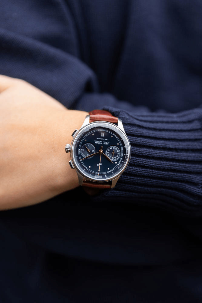 1934 Telechron by AV86 vintage-inspired chronograph with telemeter, sapphire crystal, brown leather strap, and steel case