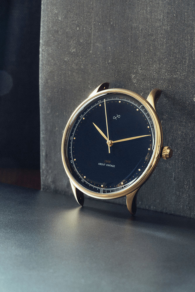 1969 Vintage, Gold / Midnight Blue - Special Edition – 39mm by AV86 minimalist dress watch with sapphire crystal and slim gold case