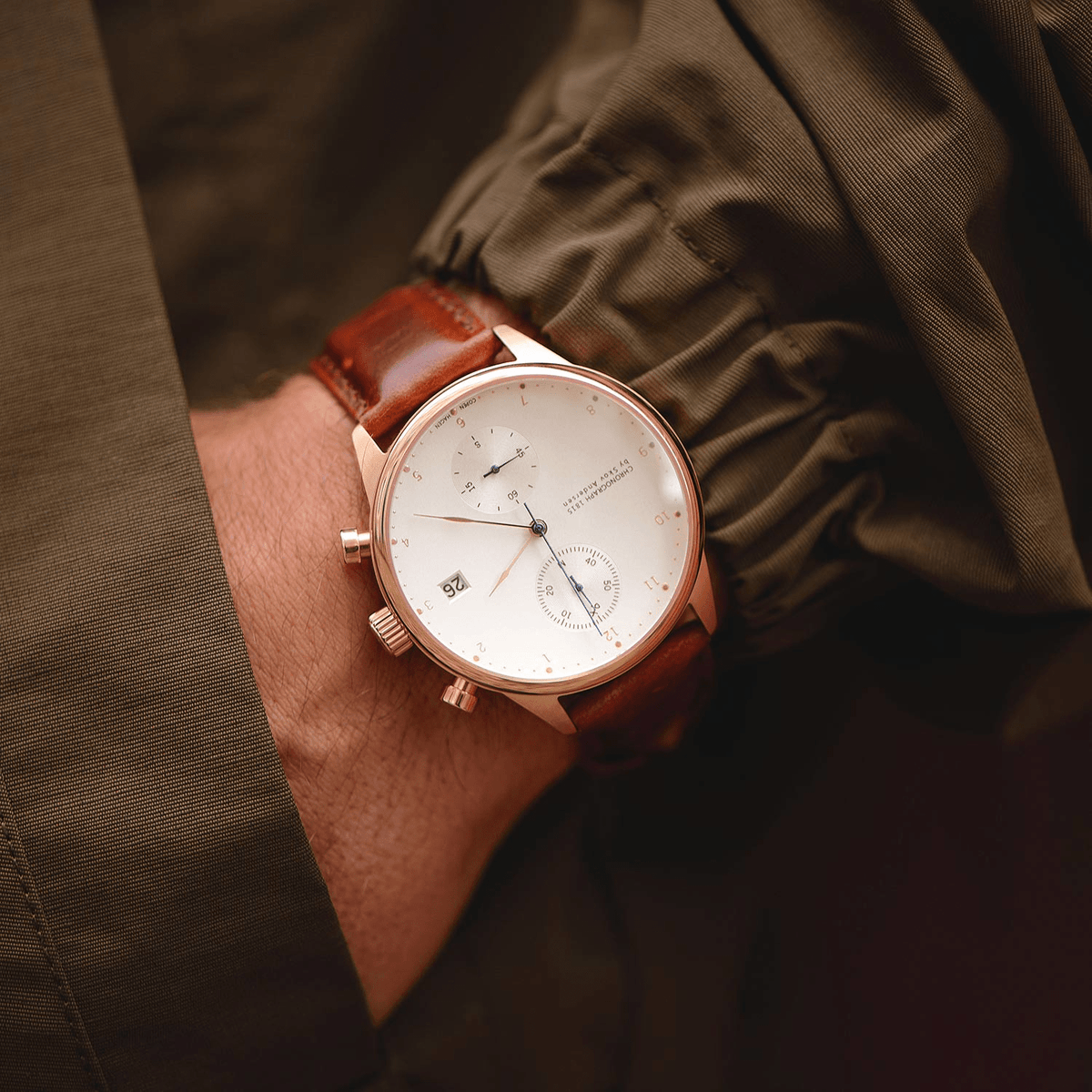 1815 Chronograph Rose Gold by AV86 luxury timepiece with vintage-inspired dial, sapphire crystal, chronograph function, and brown leather strap