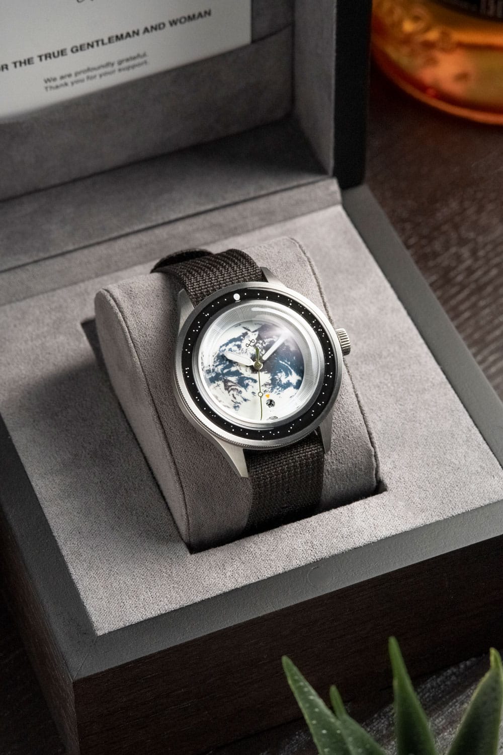 Earthrise WWF Partnership, Automatic / 2025 Edition by AV86 with sapphire crystal, unique Earth dial, compass bezel, and textured fabric strap