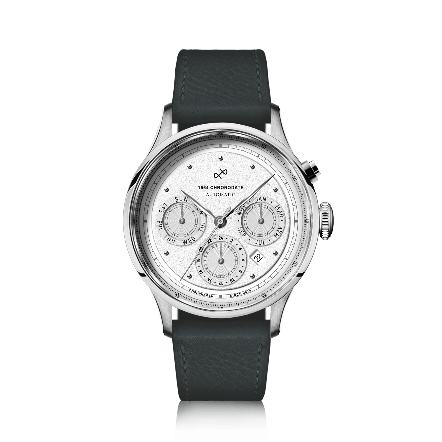 1564 Chronodate Automatic by AV86 features a vintage-inspired automatic chronograph with a textured white dial, triple subdials for day, month, and 24-hour time, polished steel case, sapphire crystal, and a black leather strap, embodying Danish horological excellence and Nordic minimalism.