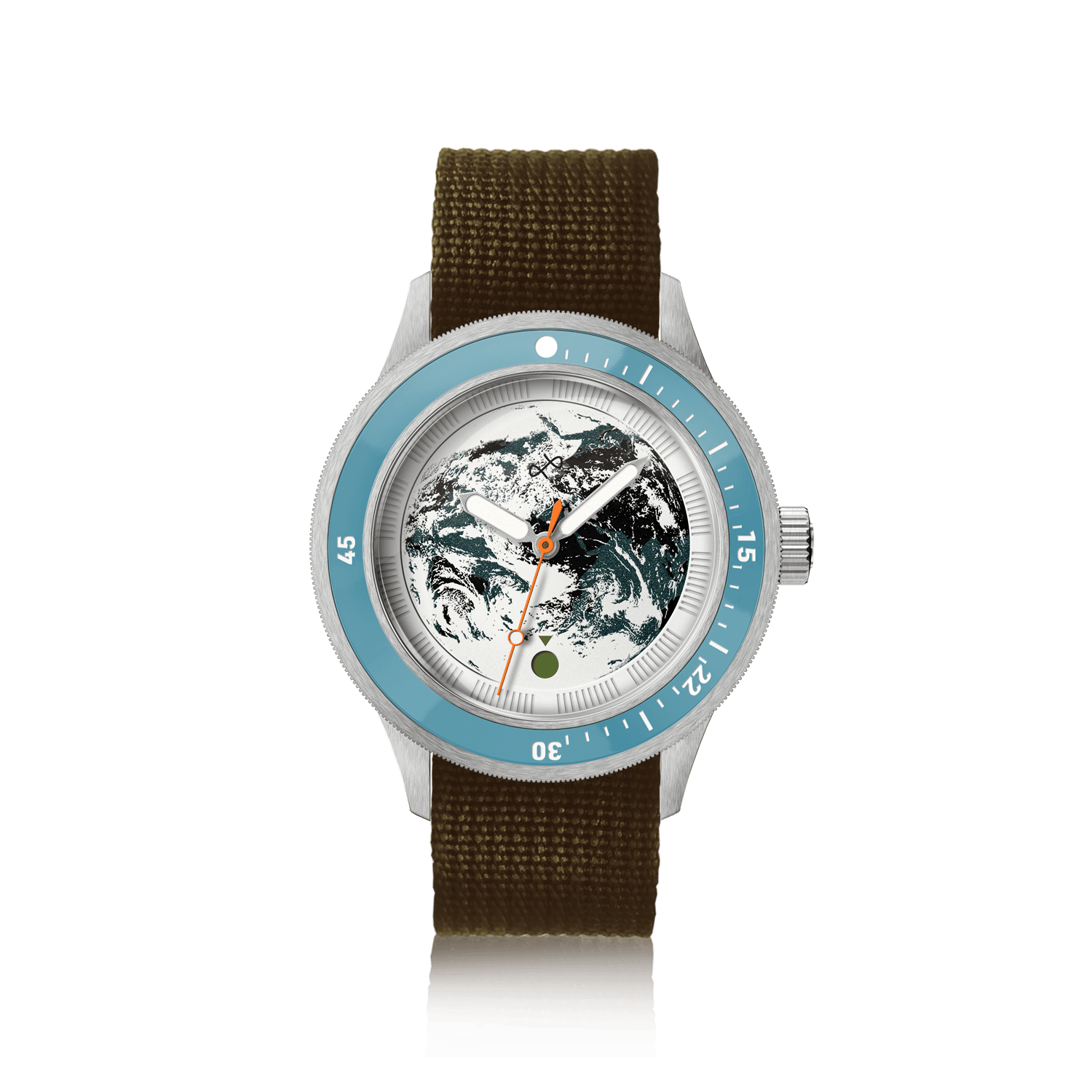Earthrise WWF Partnership, Automatic / 2026 Edition by AV86 with blue bezel, detailed earth dial, and durable recycled army green strap.