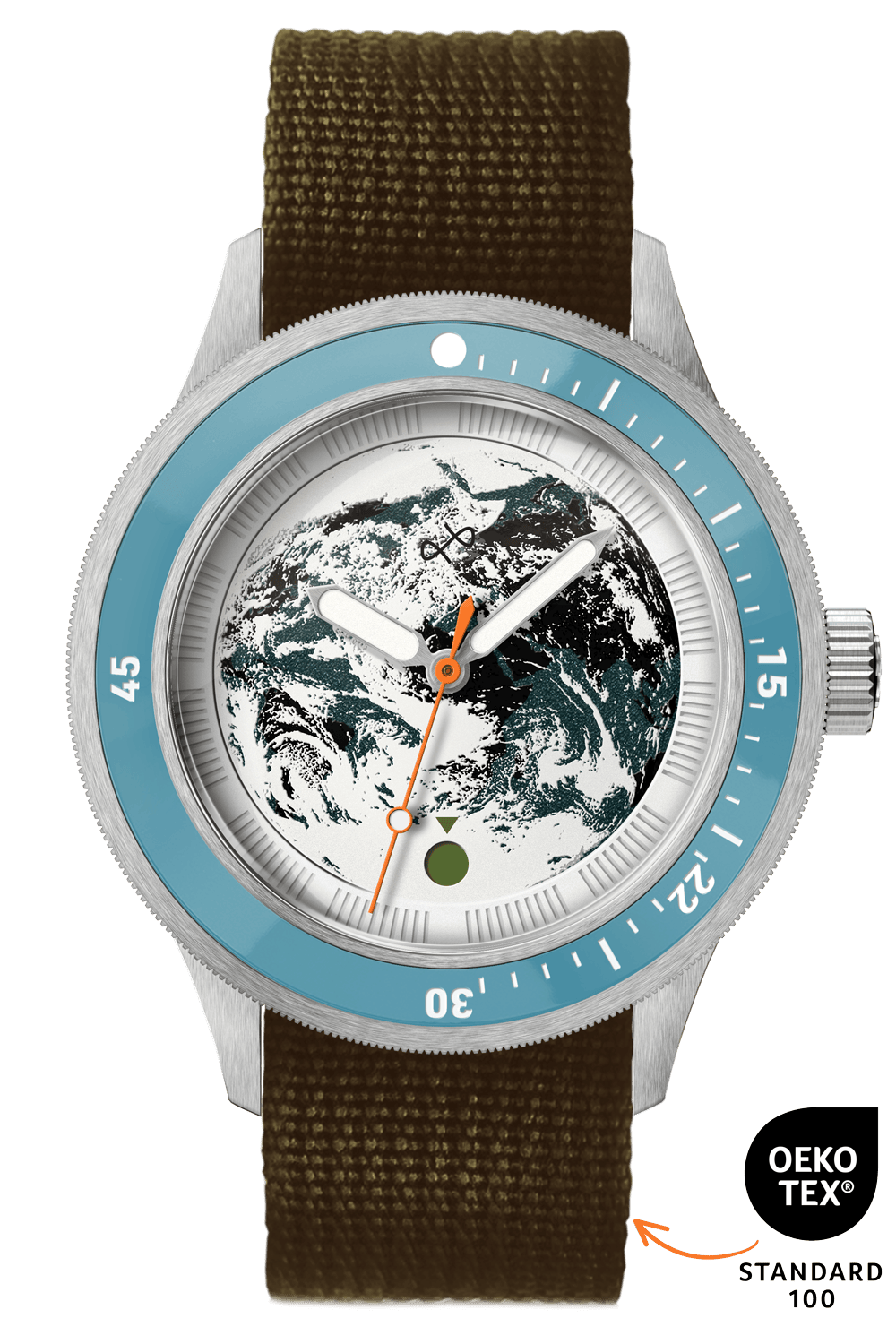 Wristwatch with a silver case, pale blue bezel, globe-themed dial, orange second hand, and dark olive fabric strap with OEKO-TEX label