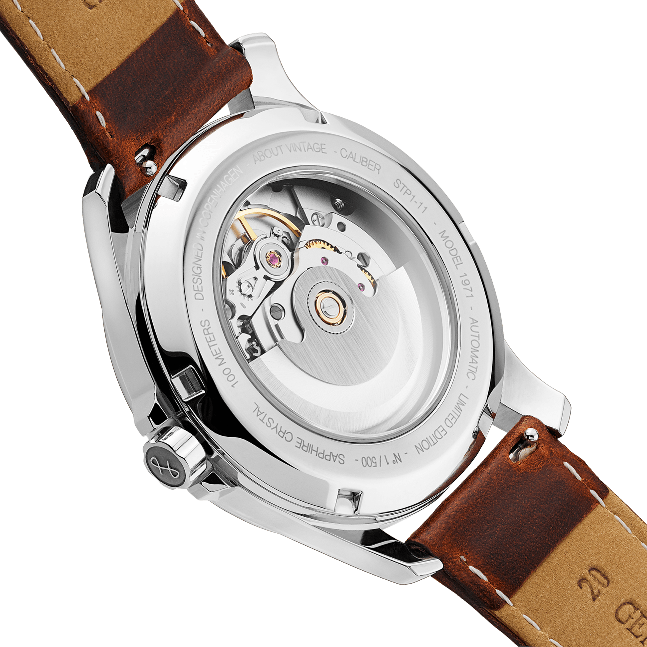 1971 Automatic - Swiss Made by AV86 showcasing exhibition caseback with automatic movement and brown leather strap