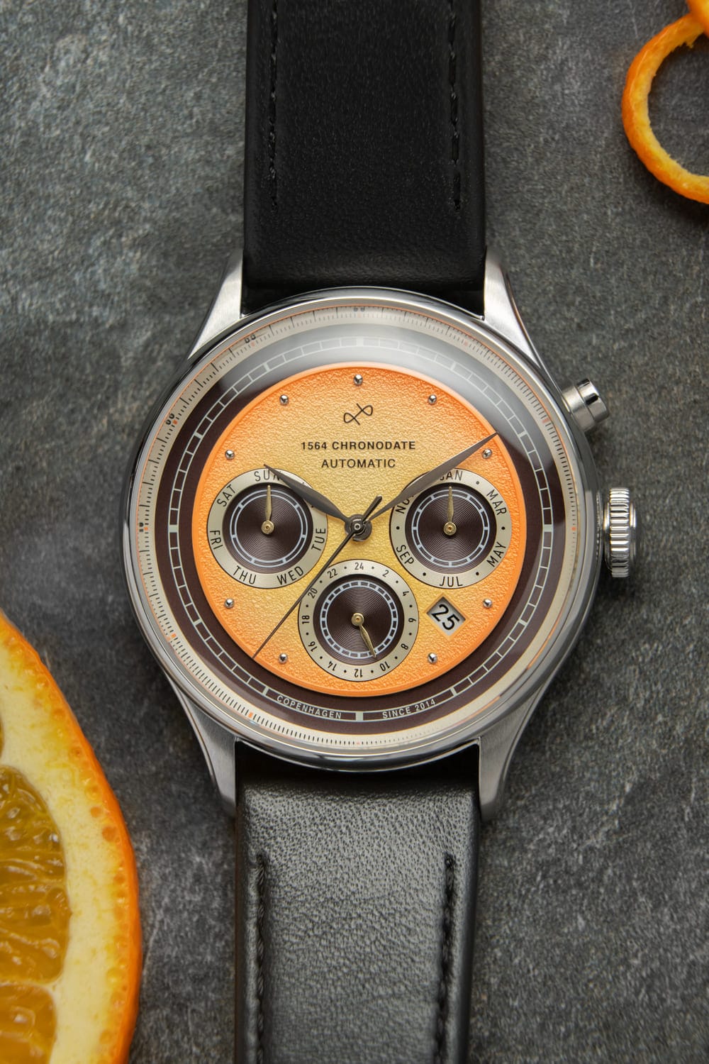 1564 Chronodate Automatic by AV86 vintage-inspired automatic with sapphire crystal, chronograph dial, and black leather strap