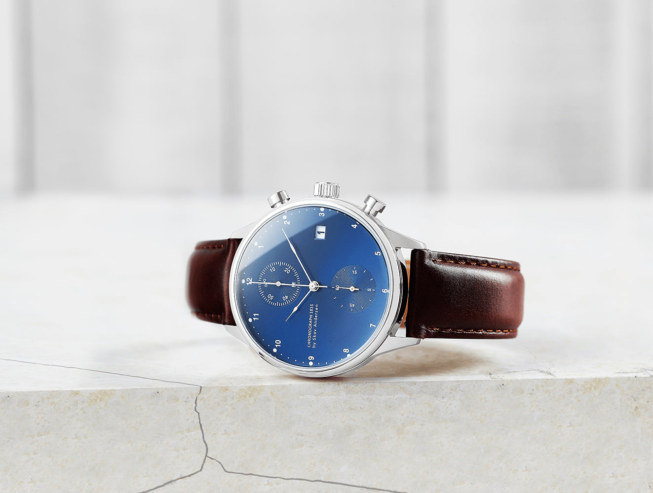 1815 Chronograph by AV86 with sapphire crystal, vintage-inspired dial, chronograph subdials, and brown leather strap