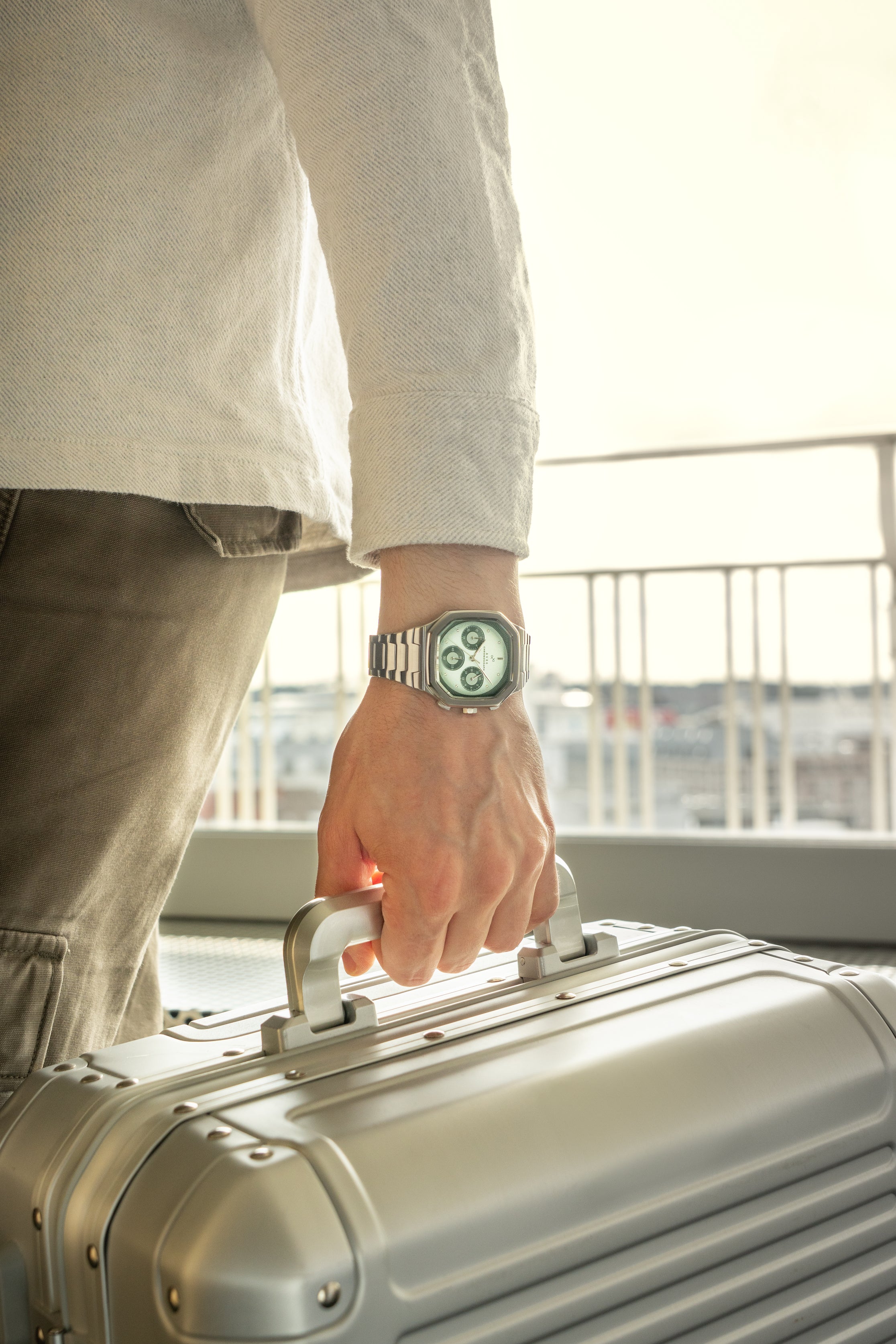 1904 Chronograph by AV86 with angular non-round case, sapphire crystal, chronograph dial, and brushed metal bracelet strap, Nordic minimalism vibe