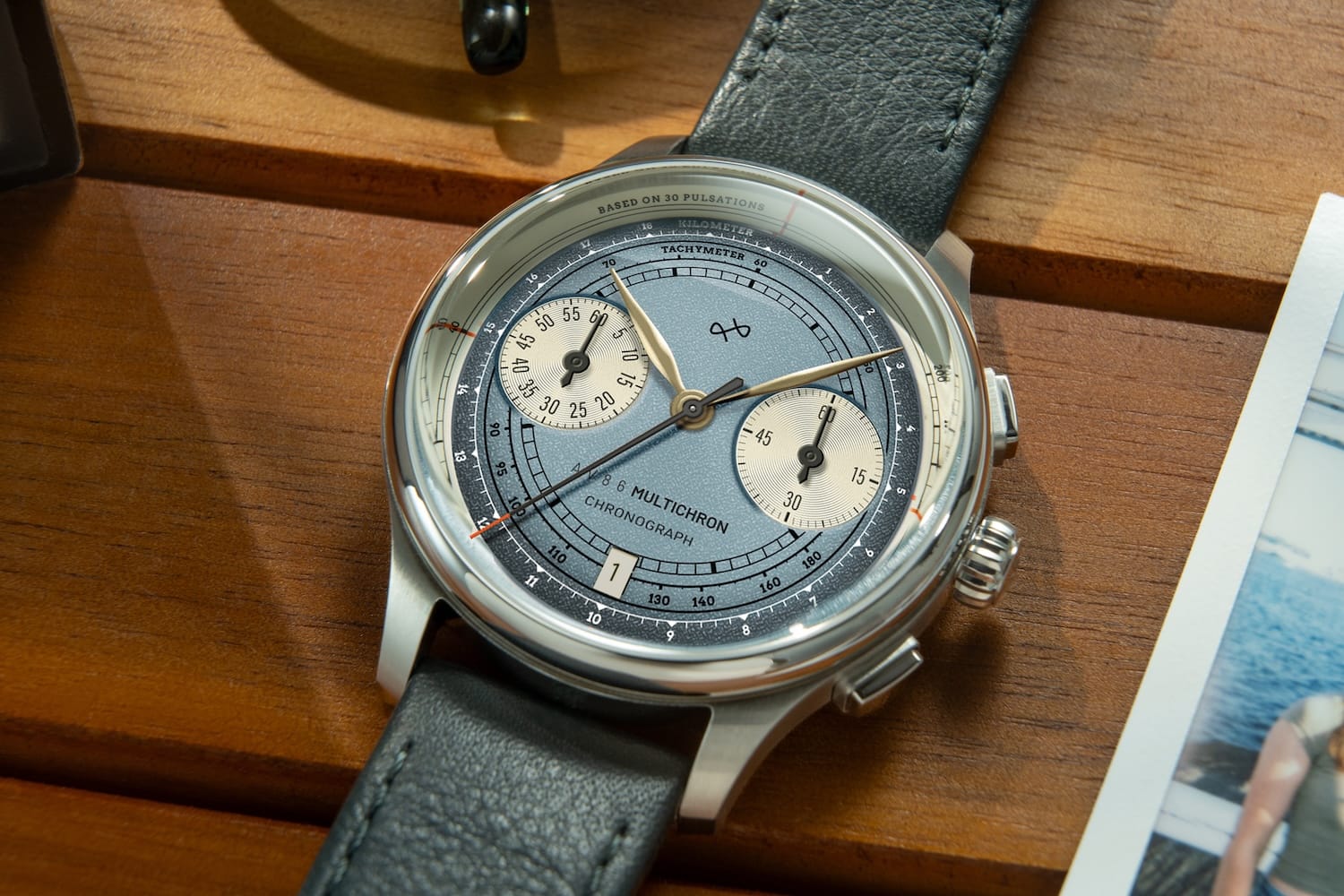 1934 Multichron, a vintage-inspired chronograph by AV86 featuring a sapphire crystal, detailed subdials, and a textured leather strap in a minimalist Scandinavian design.