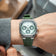1904 Chronograph by AV86 with angular case, sapphire crystal, chronograph dial, and textured rubber strap in minimalist style