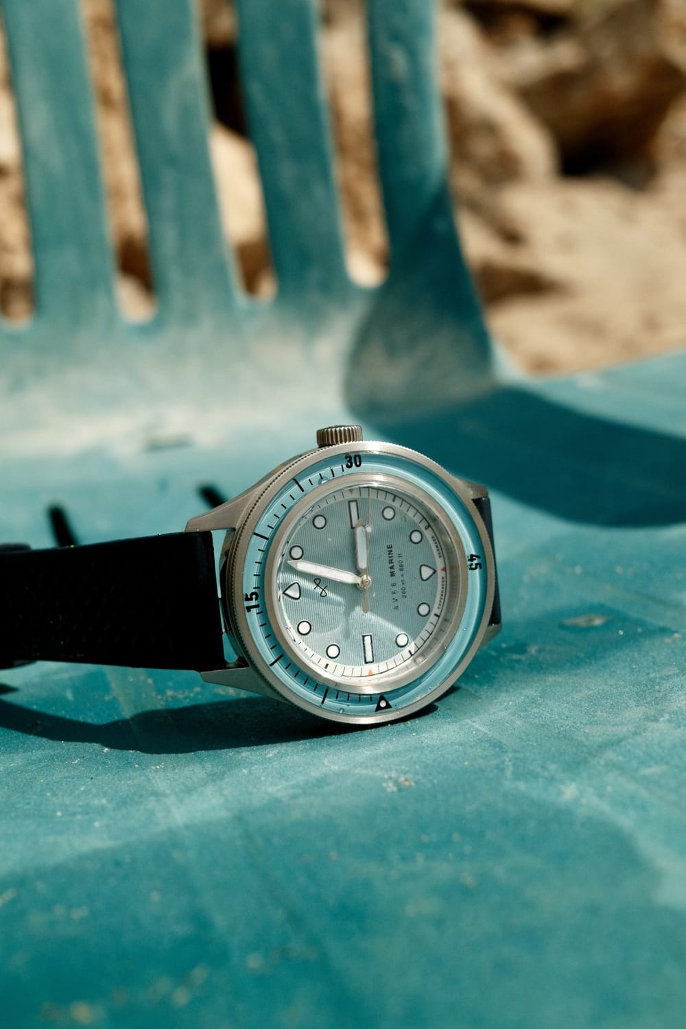 1956 Marine by AV86 vintage-inspired diver with sapphire crystal, rotating bezel, and black textured rubber strap