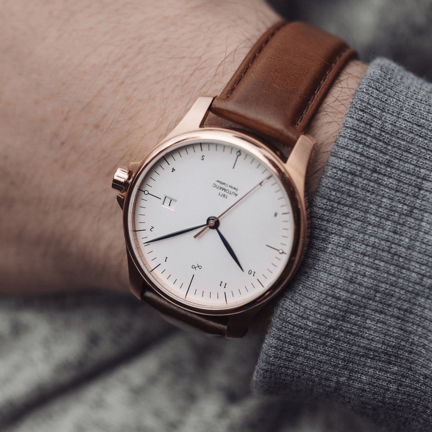1971 Automatic by AV86 luxury timepiece with minimalist dial, sapphire crystal, automatic movement, and brown leather strap