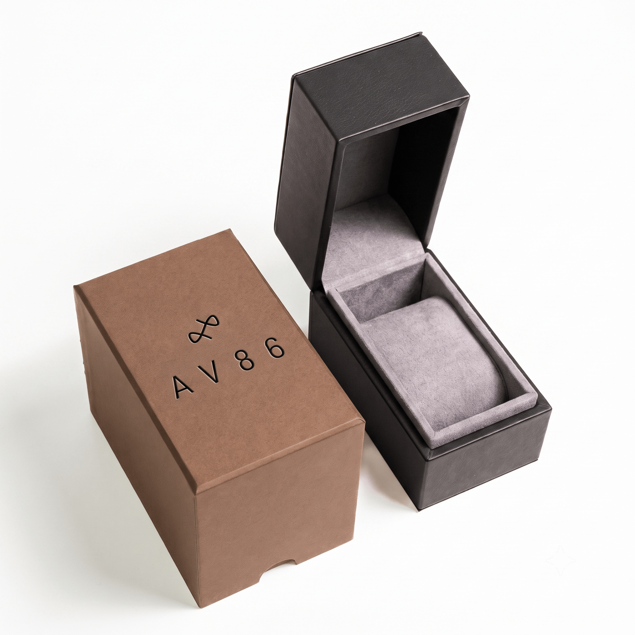 Standard Box by AV86 featuring an elegant, minimalist design with soft cushioning inside a sturdy outer case for luxury watch protection and presentation.