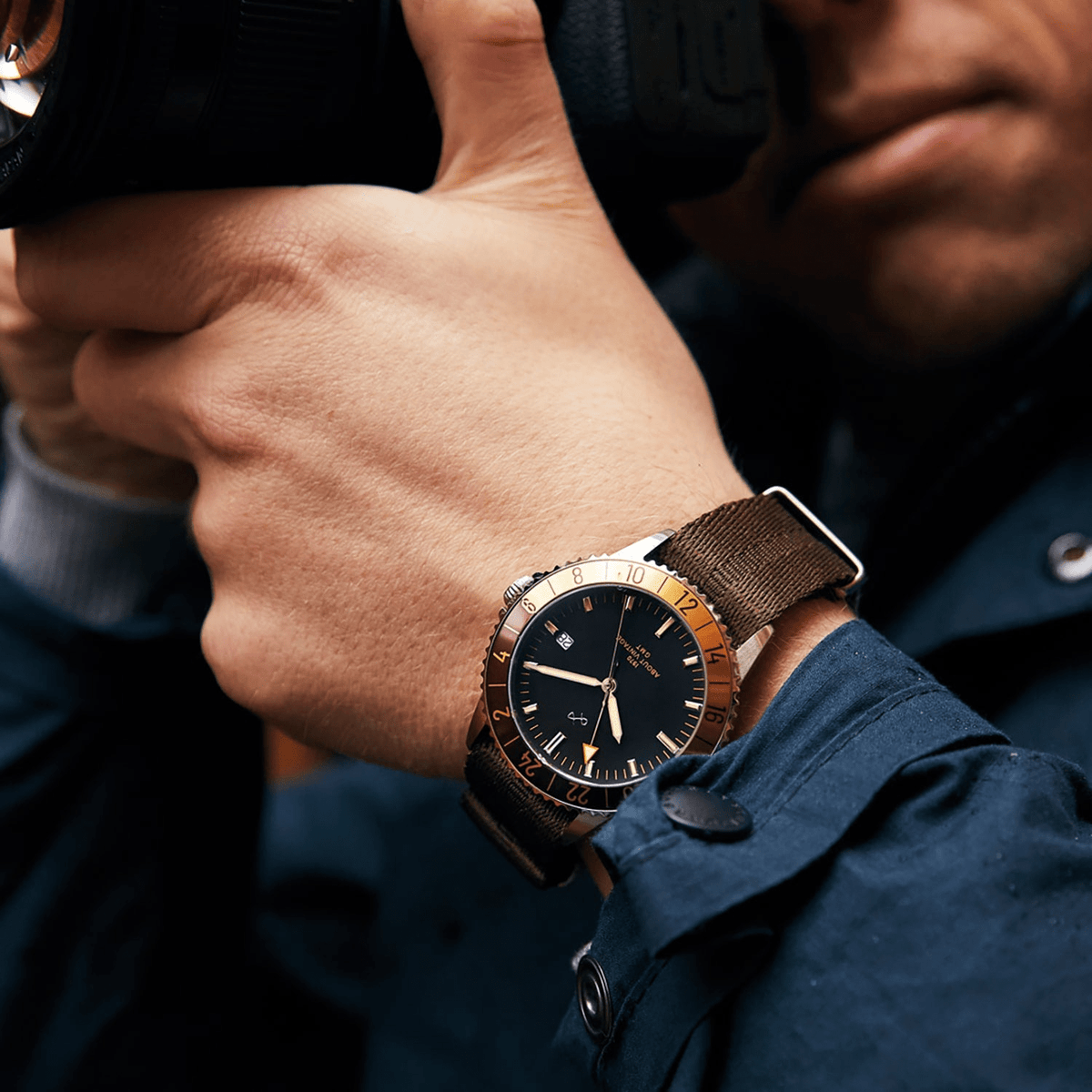 1970 Haagen GMT Automatic, Burgundy - Swiss Made by AV86 vintage-inspired GMT with sapphire crystal, burgundy bezel, and brown fabric strap