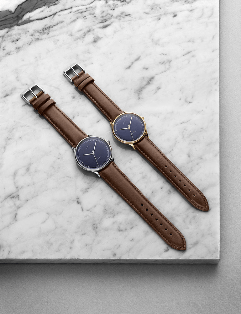 1969 Vintage, Gold / Midnight Blue - Special Edition – 39mm by AV86 minimalist quartz watch with sapphire crystal and brown leather strap