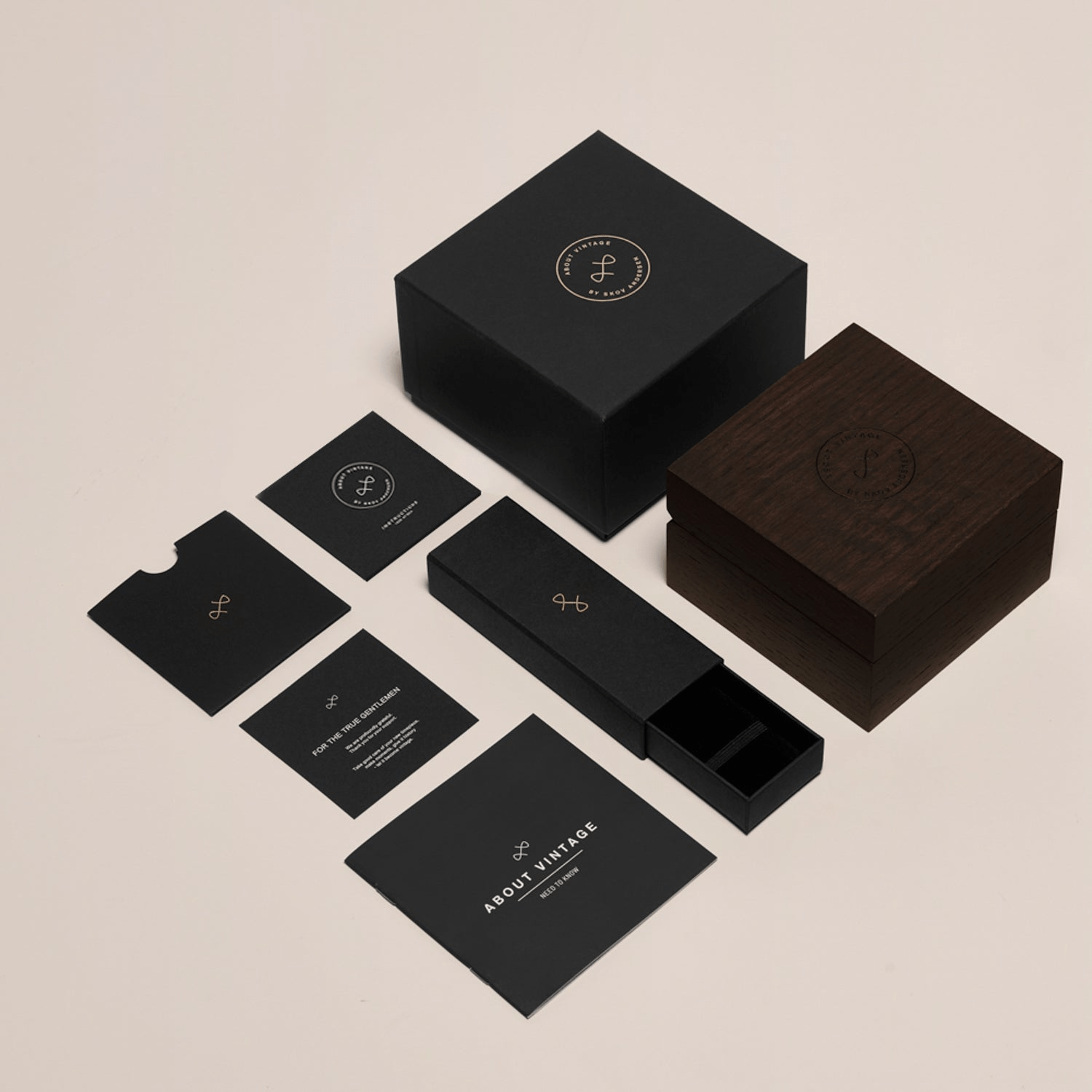 1971 Automatic by AV86 luxury watch packaging set with black and wooden boxes and minimalist branding cards