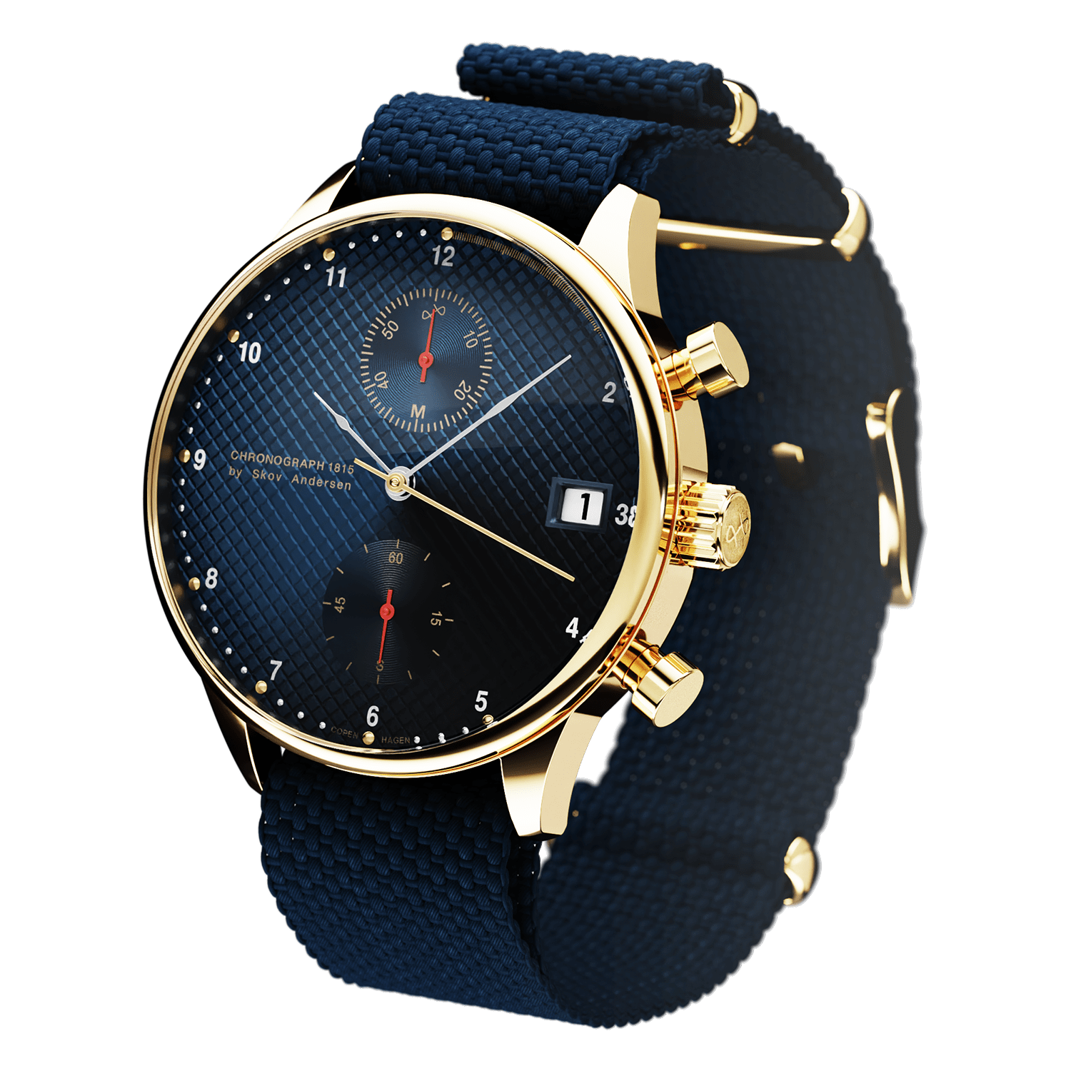 1815 Justin Gatlin, Gold / Blue Turtle by AV86 vintage-inspired chronograph with sapphire crystal and textured blue fabric strap