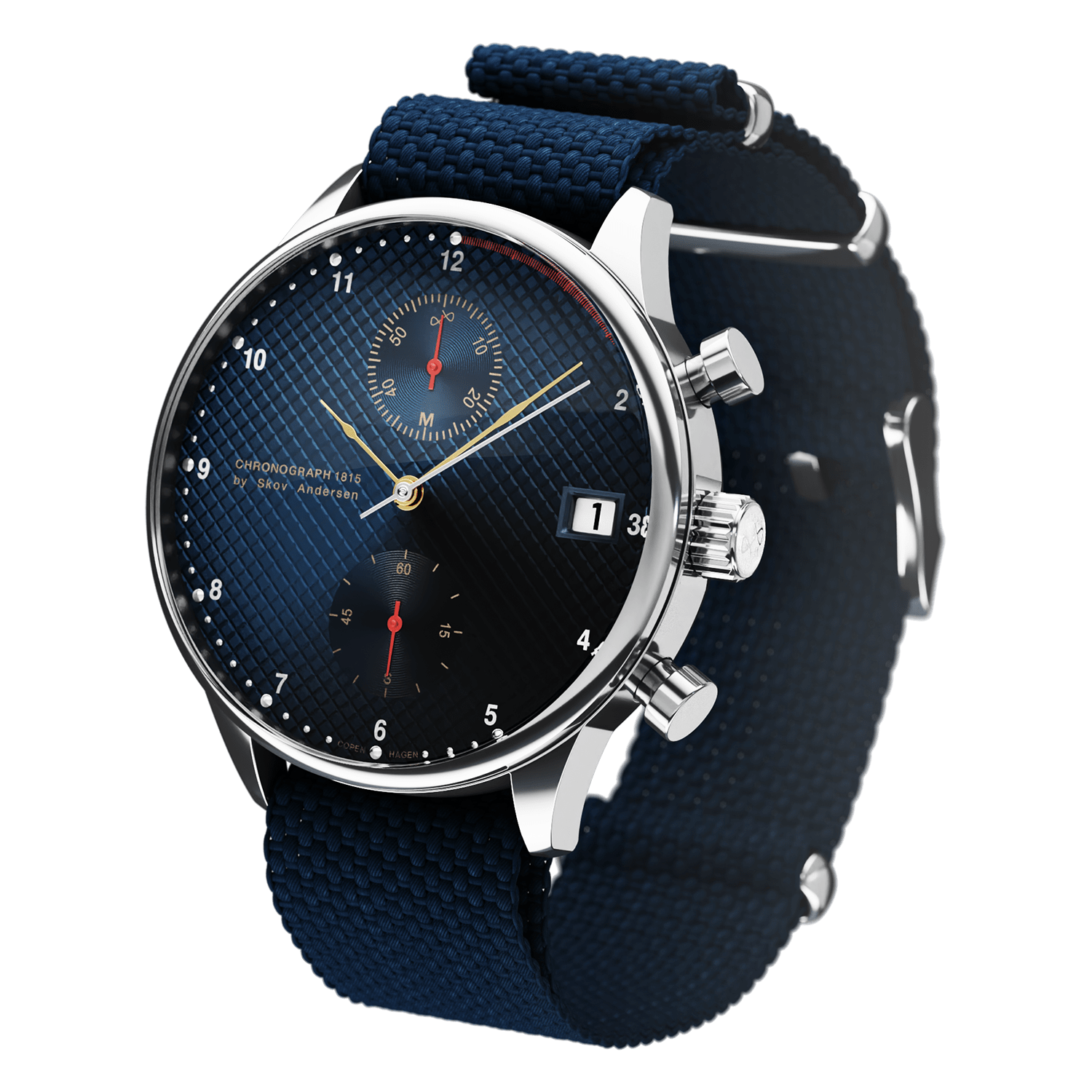 1815 Justin Gatlin by AV86 vintage-inspired chronograph with sapphire crystal, textured blue dial, and fabric strap