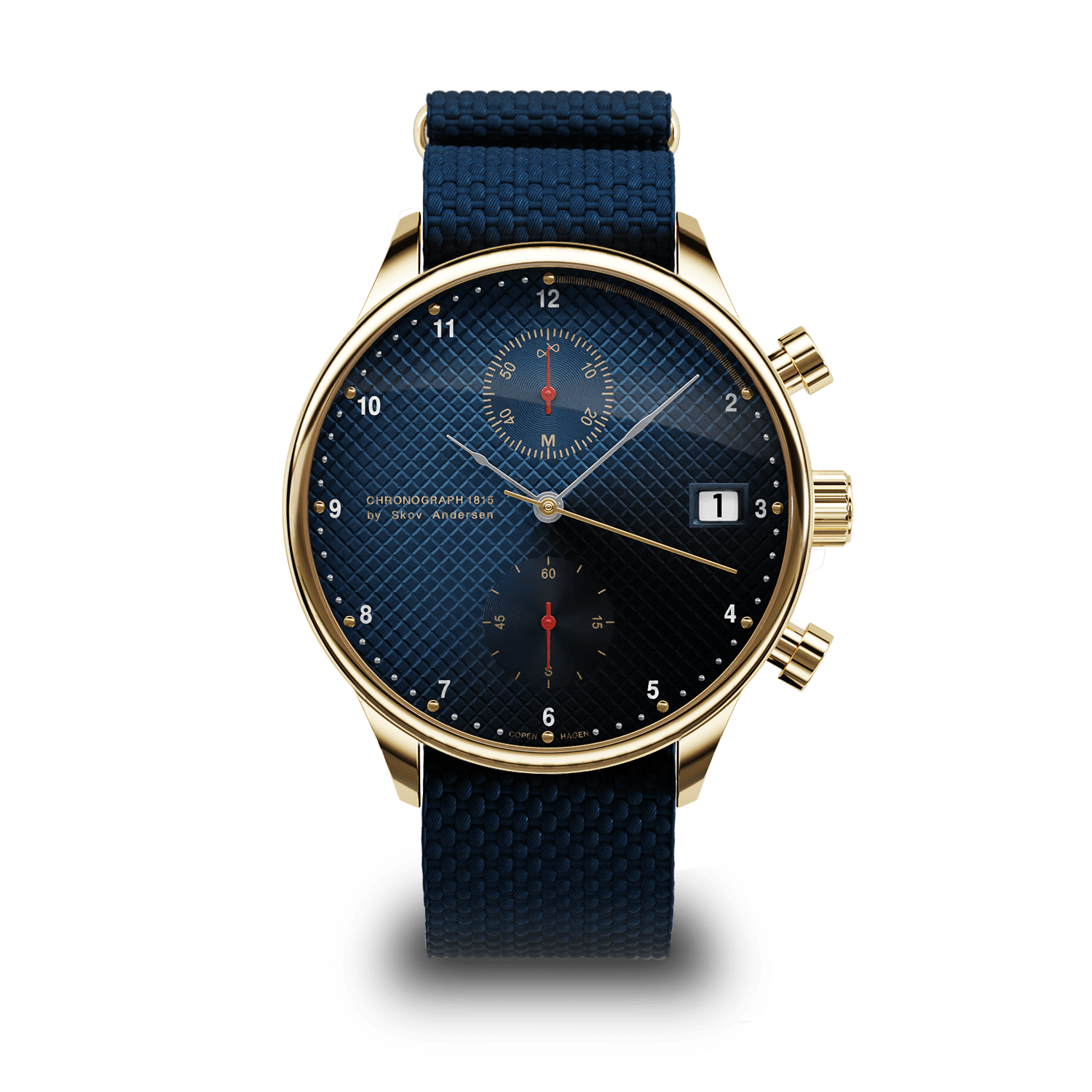 1815 Justin Gatlin, Gold / Blue Turtle chronograph by AV86 with sapphire crystal, textured dial, date window, and blue fabric strap