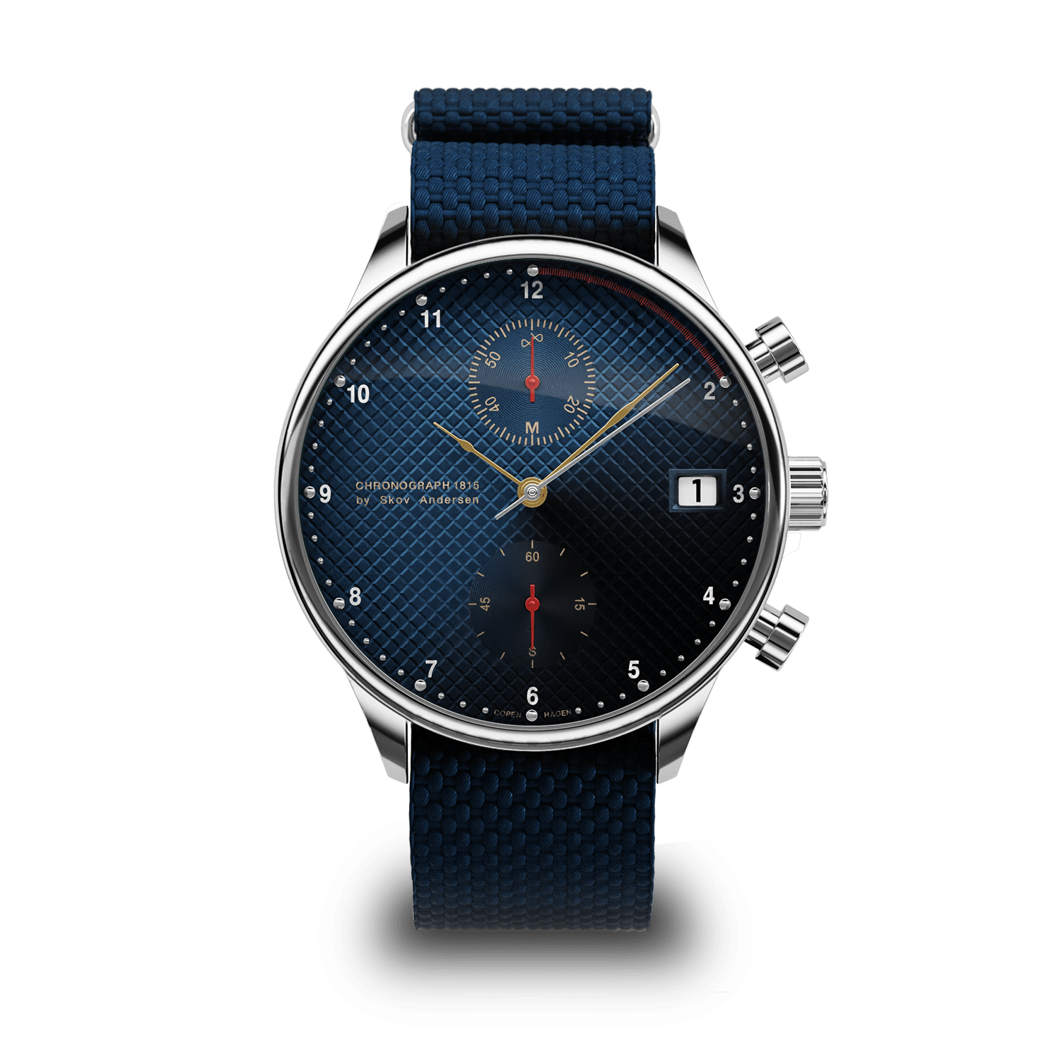 1815 Justin Gatlin by AV86 chronograph with textured dial, sapphire crystal, date window, and blue fabric strap
