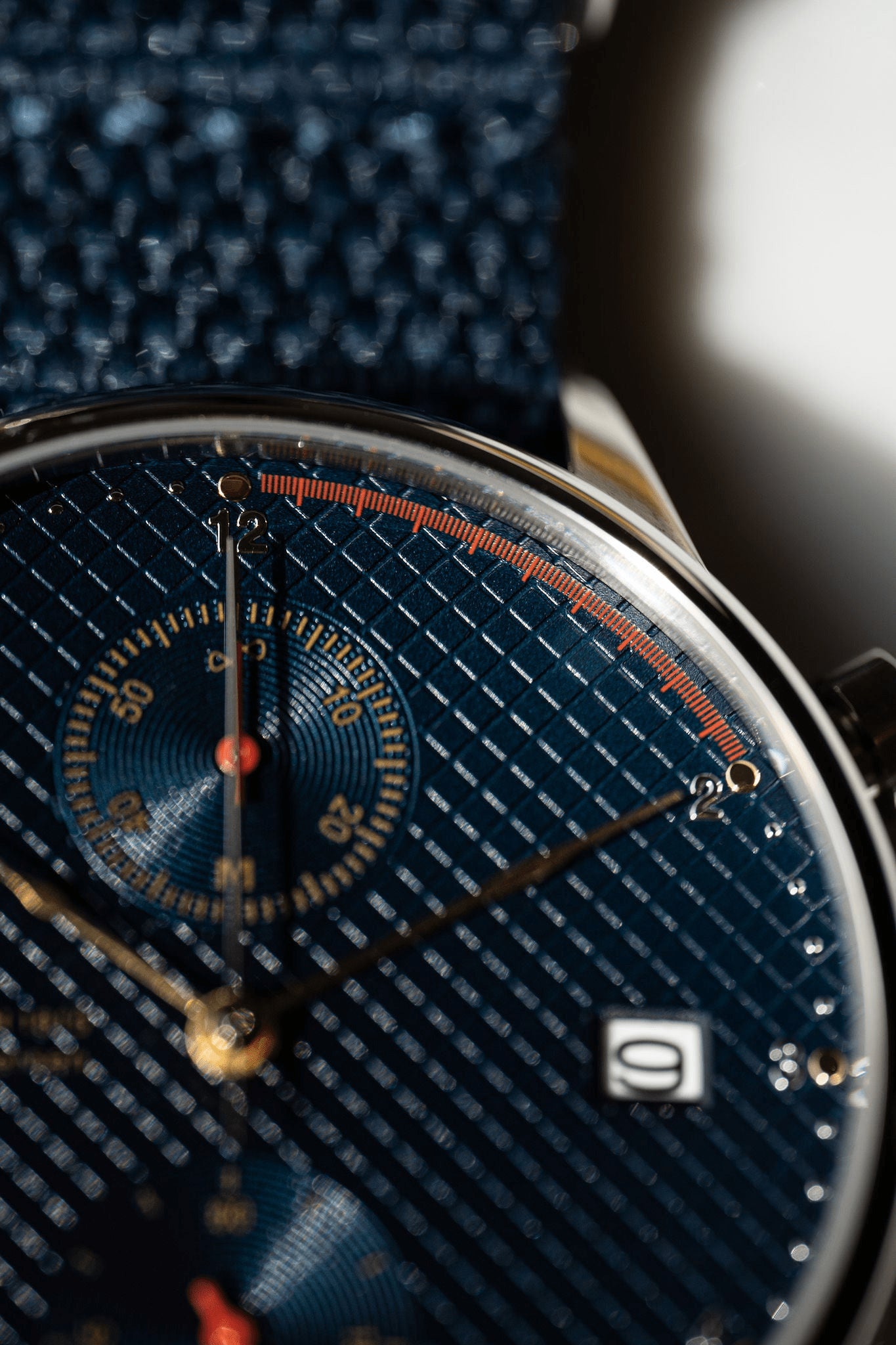 1815 Justin Gatlin, Gold / Blue Turtle by AV86 luxury chronograph with textured dial, sapphire crystal, and blue leather strap