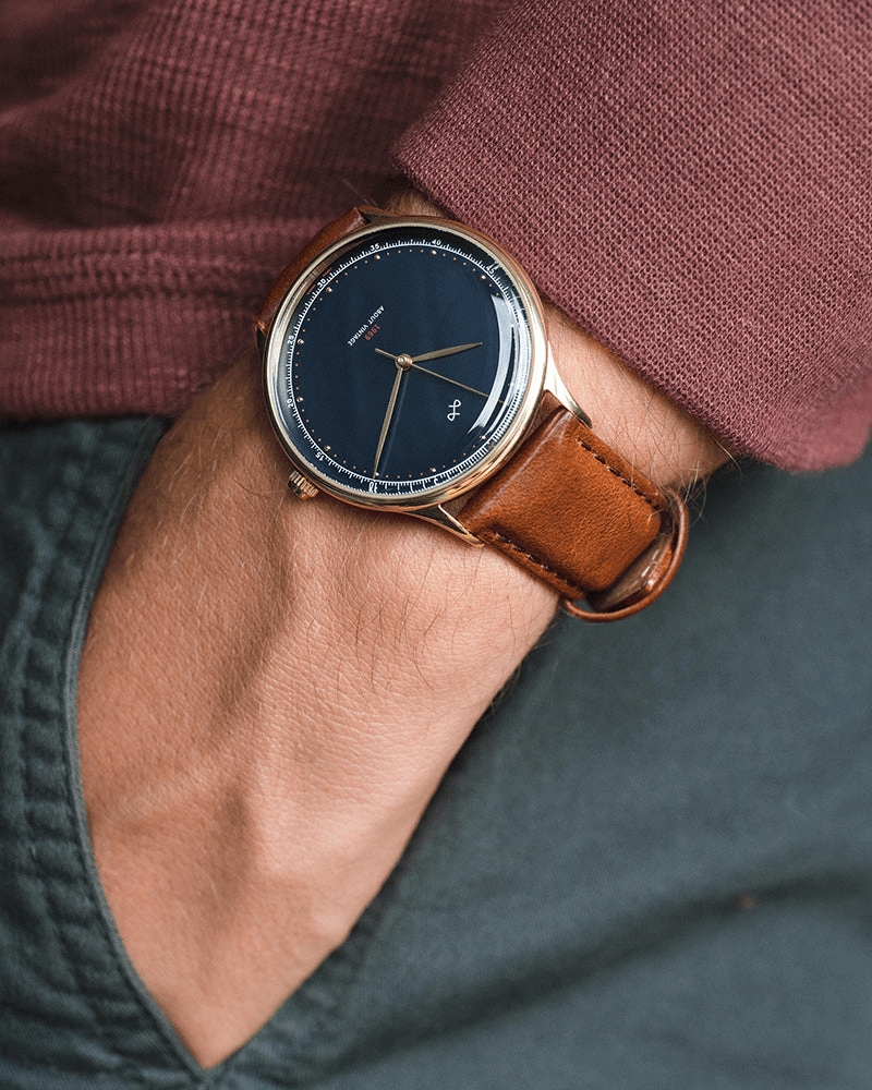 1969 Vintage, Gold / Midnight Blue - Special Edition – 39mm by AV86 dress watch with sapphire crystal and brown leather strap