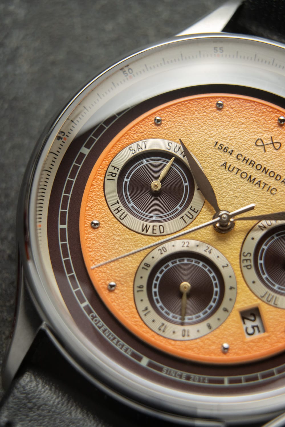 1564 Chronodate Automatic by AV86 luxury vintage-inspired automatic watch with sapphire crystal and black leather strap