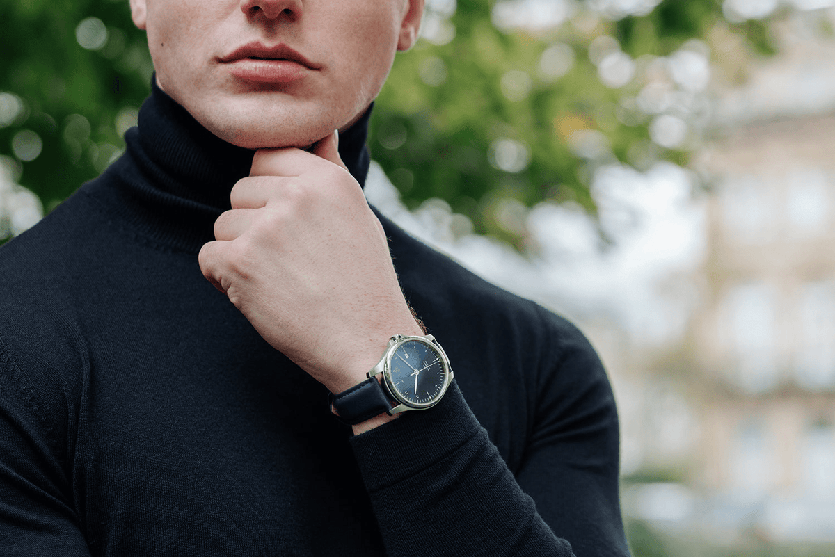 1971 Automatic, Night Blue - Swiss Made by AV86 with vintage-inspired dial, sapphire crystal, and black leather strap on wrist