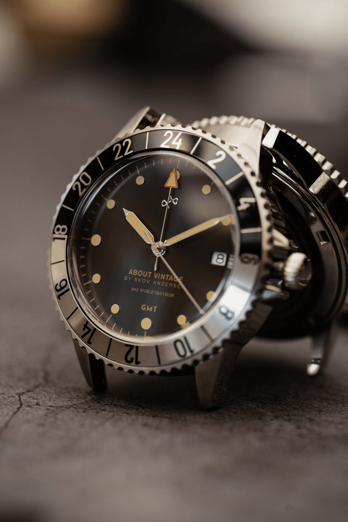 1982 GMT World Traveler by AV86 vintage-inspired GMT watch with sapphire crystal, rotating bezel, and stainless steel case