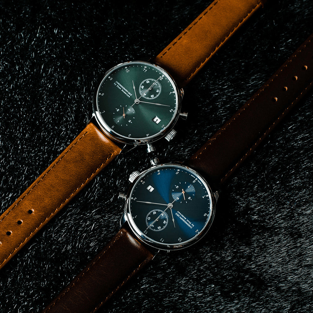 1815 Chronograph by AV86 with vintage-inspired dial, sapphire crystal, chronograph subdials, and brown leather strap luxury timepiece